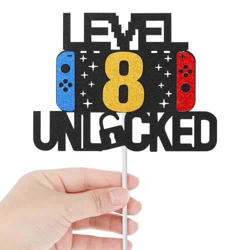 Larrel Level 8th Unlocked Sign Cake Topper Double Sided Glitter Cake Topper Video Game Controller Themed Birthday Decorations for Kids Boys Girls Game Fans Birthday Party - Image 1