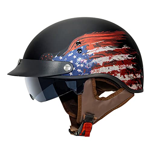 VCAN Cruiser Half Face Motorcycle Helmet with DropDown Sun Visor Removable Peak and Quick Release Buckle - Image 1