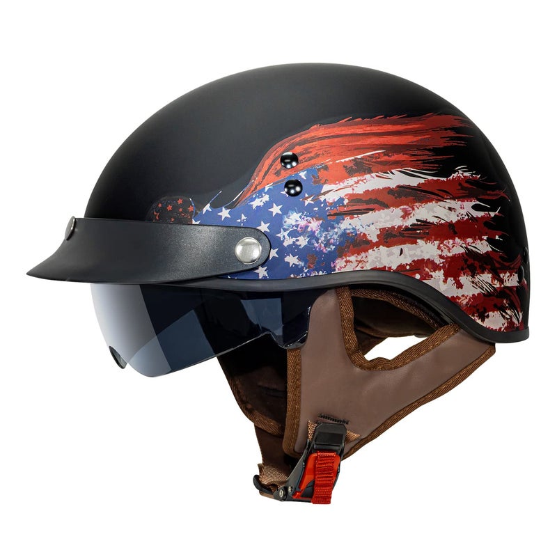 VCAN Cruiser Half Face Motorcycle Helmet with DropDown Sun Visor Removable Peak and Quick Release Buckle - Image 3