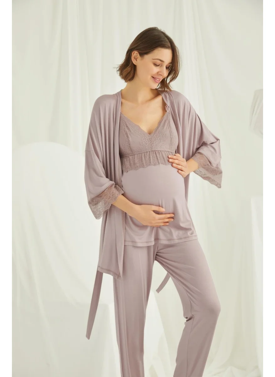 Monamise Women's Lace Maternity and Postpartum 3-Piece Pajama Set