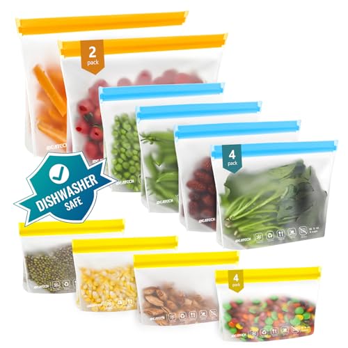 IDEATECH 12Pack Food Storage Bags Dishwasher Safe BPA Free Reusable Snack Bags Leakproof Reusable Gallon Freezer Bags for LunchTravel2Gallon 4Quart 4Snack Colored