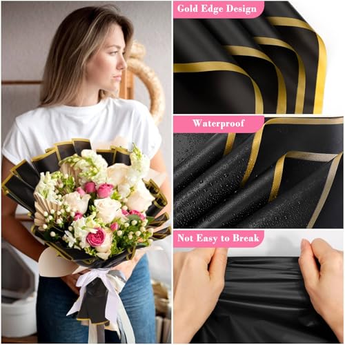 Flasoo 235Pcs Floral Wrapping Paper for Bouquet, Money Bouquet Kit with 20 Sheets Black Flower Wrapping Paper, Butterflies, Rhinestone Pins, Ribbons and Wooden Sticks for Flower Bouquets - Image 4