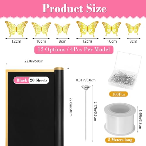 Flasoo 235Pcs Floral Wrapping Paper for Bouquet, Money Bouquet Kit with 20 Sheets Black Flower Wrapping Paper, Butterflies, Rhinestone Pins, Ribbons and Wooden Sticks for Flower Bouquets - Image 5