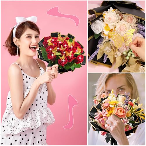 Flasoo 235Pcs Floral Wrapping Paper for Bouquet, Money Bouquet Kit with 20 Sheets Black Flower Wrapping Paper, Butterflies, Rhinestone Pins, Ribbons and Wooden Sticks for Flower Bouquets - Image 2