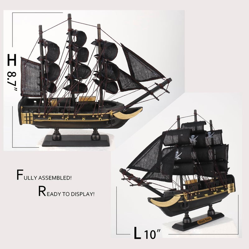 NAUTIMALL The Black Pearl Wooden Pirate Ship Model 10" Prebuilt Caribbean Nautical Fully Assembled Sailboat Decor (10" Wooden Black Pearl) - Image 2