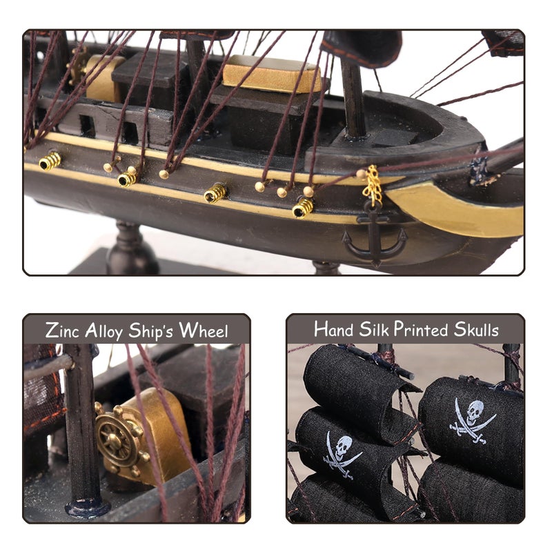NAUTIMALL The Black Pearl Wooden Pirate Ship Model 10" Prebuilt Caribbean Nautical Fully Assembled Sailboat Decor (10" Wooden Black Pearl) - Image 3