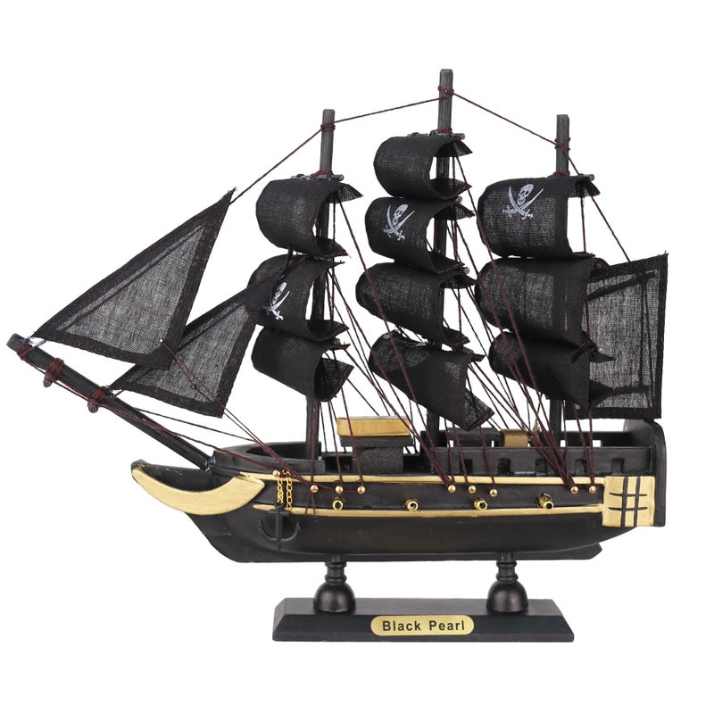 NAUTIMALL The Black Pearl Wooden Pirate Ship Model 10" Prebuilt Caribbean Nautical Fully Assembled Sailboat Decor (10" Wooden Black Pearl) - Image 1