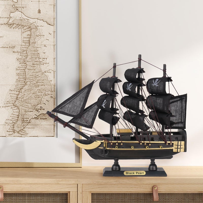 NAUTIMALL The Black Pearl Wooden Pirate Ship Model 10" Prebuilt Caribbean Nautical Fully Assembled Sailboat Decor (10" Wooden Black Pearl) - Image 5