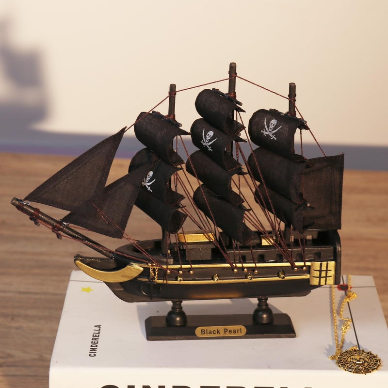 NAUTIMALL The Black Pearl Wooden Pirate Ship Model 10" Prebuilt Caribbean Nautical Fully Assembled Sailboat Decor (10" Wooden Black Pearl) - Image 4
