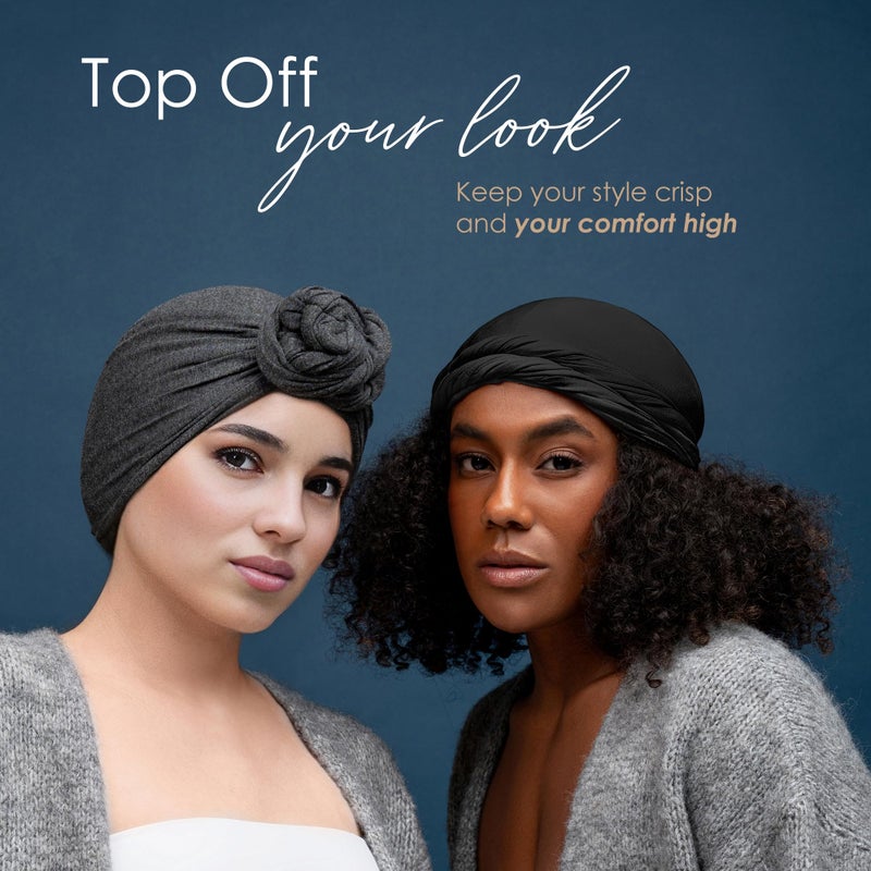 CAPLORD Satin Lined Turban for Men - Satin Skull Cap - Pre-Tied Head Wrap Men Durag for Women - Silk Hair Headwrap - Unisex Bamboo Viscose Mens Head Scarf Black - Image 5