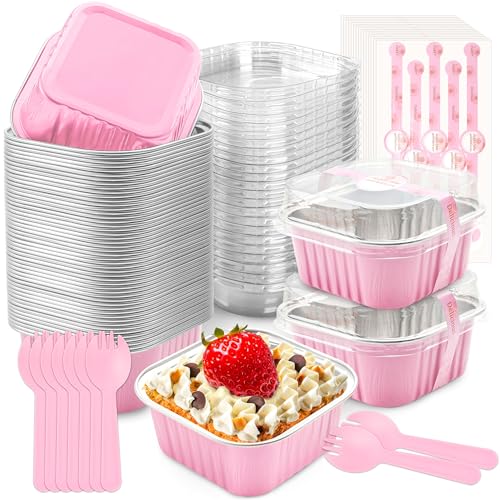 NPLUX 50 Pcs Mini Cake Pans with Lids and Spoons Aluminum Foil Mini Square Baking Cups with Lids Disposable Ramekins Cake Pans Dessert Cups for WeddingPink5oz - Image 1