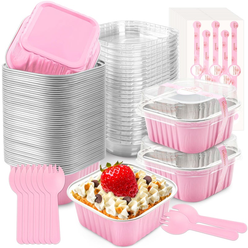NPLUX 50 Pcs Mini Cake Pans with Lids and Spoons Aluminum Foil Mini Square Baking Cups with Lids Disposable Ramekins Cake Pans Dessert Cups for WeddingPink5oz - Image 2
