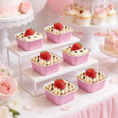 NPLUX 50 Pcs Mini Cake Pans with Lids and Spoons Aluminum Foil Mini Square Baking Cups with Lids Disposable Ramekins Cake Pans Dessert Cups for WeddingPink5oz - Image 3