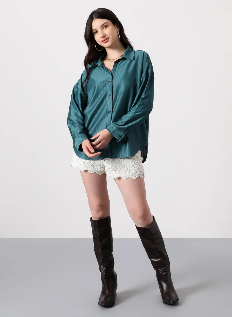 PINACOLADA Women's Solid Satin Oversized Shirt | Spread Collar , Long Single-Button Cuff Sleeves, Button Closure | Solid Satin | Woven Shirt For Casual & Daily Wear | Teal Green