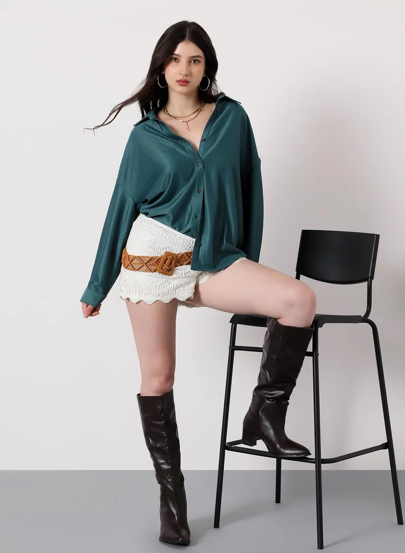 PINACOLADA Women's Solid Satin Oversized Shirt | Spread Collar , Long Single-Button Cuff Sleeves, Button Closure | Solid Satin | Woven Shirt For Casual & Daily Wear | Teal Green