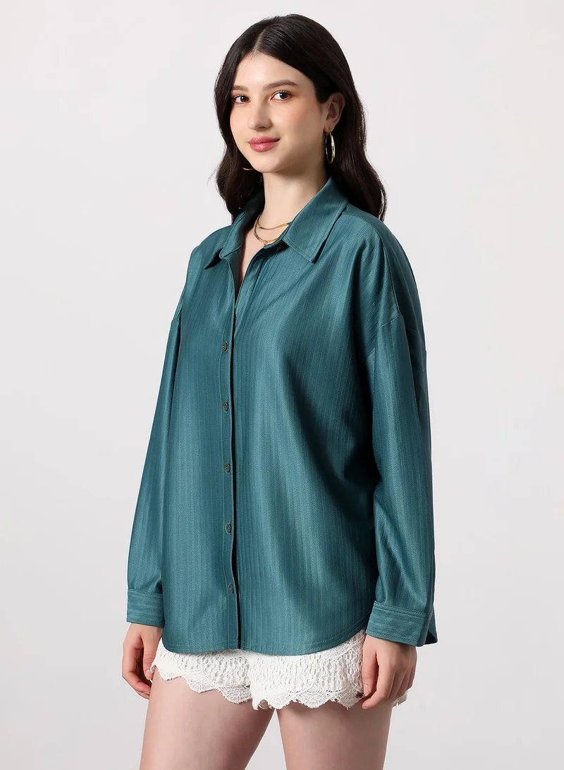 PINACOLADA Women's Solid Satin Oversized Shirt | Spread Collar , Long Single-Button Cuff Sleeves, Button Closure | Solid Satin | Woven Shirt For Casual & Daily Wear | Teal Green