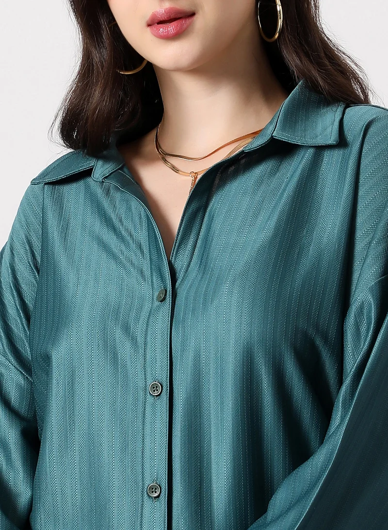 PINACOLADA Women's Solid Satin Oversized Shirt | Spread Collar , Long Single-Button Cuff Sleeves, Button Closure | Solid Satin | Woven Shirt For Casual & Daily Wear | Teal Green
