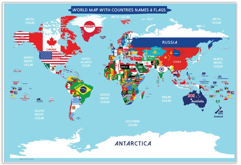Zelica World Map Poster with Countries FLAGS For Kids (SMALL size13x19 World Map Laminated) Perfect World wall Map for School classroom or home - Image 1