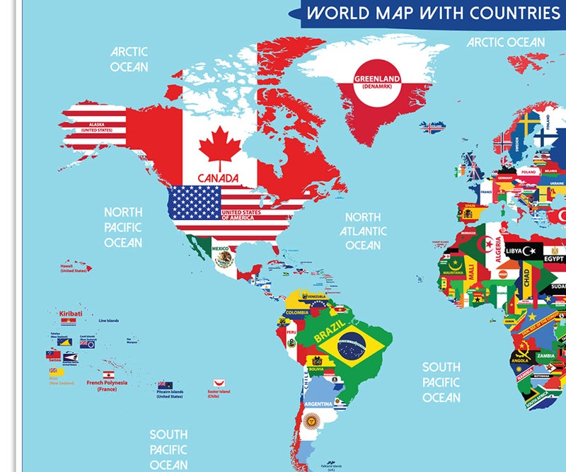 Zelica World Map Poster with Countries FLAGS For Kids (SMALL size13x19 World Map Laminated) Perfect World wall Map for School classroom or home - Image 2