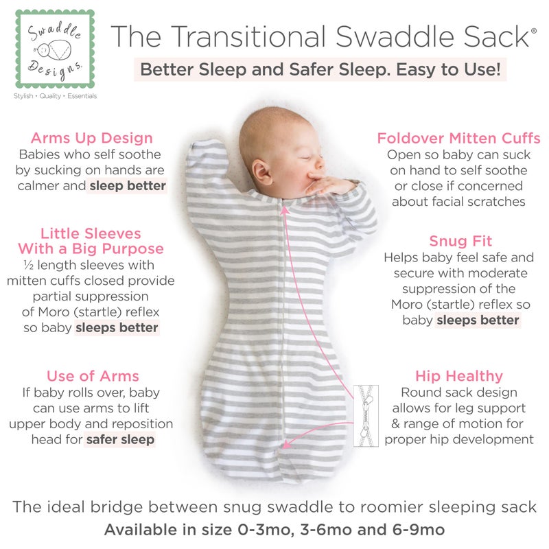 SwaddleDesigns Transitional Swaddle Sack, Arms Up Half-Length Sleeves & Mitten Cuffs, Swaddle for Newborn Transition to Baby Sleep Sack Wearable Blanket, 3-6 Month, 14-21 lb, Heathered Gray Stripes - Image 2