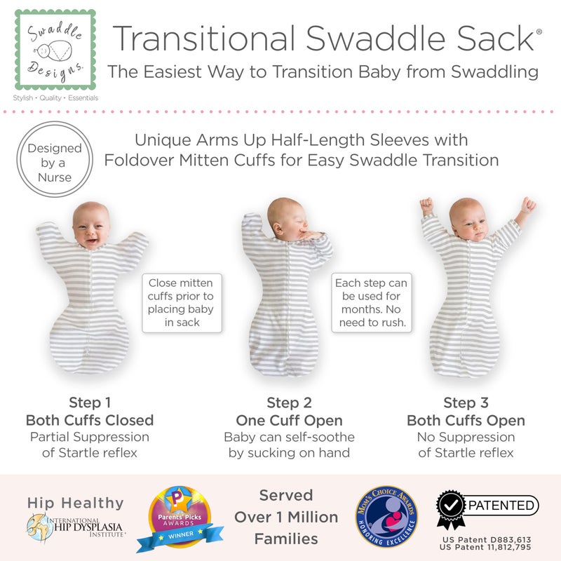 SwaddleDesigns Transitional Swaddle Sack, Arms Up Half-Length Sleeves & Mitten Cuffs, Swaddle for Newborn Transition to Baby Sleep Sack Wearable Blanket, 3-6 Month, 14-21 lb, Heathered Gray Stripes - Image 3