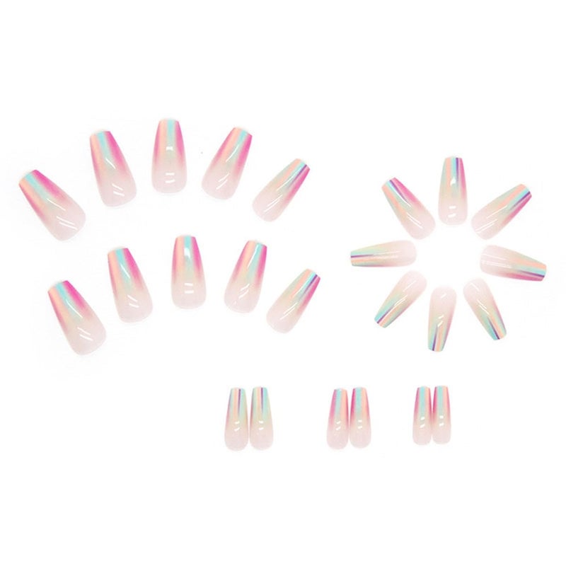 CTTHNBD Press On Nails Coffin Medium Aurora Rainbow Glossy Full Cover Glue on Nails with Designs Colorful Chrome Artificial Acrylic Nails Kit for Women Manicure 24Pcs - Image 2