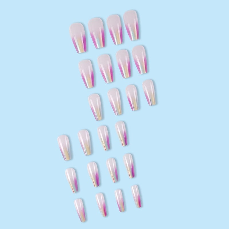 CTTHNBD Press On Nails Coffin Medium Aurora Rainbow Glossy Full Cover Glue on Nails with Designs Colorful Chrome Artificial Acrylic Nails Kit for Women Manicure 24Pcs - Image 5