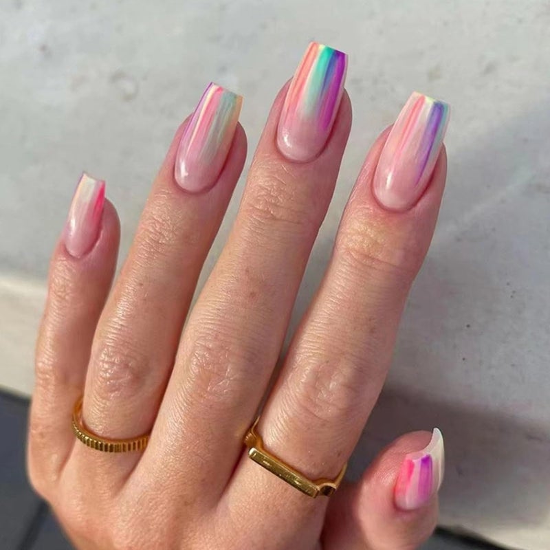 CTTHNBD Press On Nails Coffin Medium Aurora Rainbow Glossy Full Cover Glue on Nails with Designs Colorful Chrome Artificial Acrylic Nails Kit for Women Manicure 24Pcs - Image 1