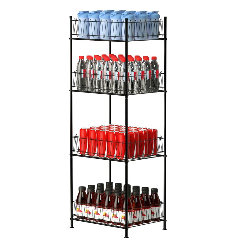 ETELI Water Bottle Organizer 4 Tier FreeStanding Water Bottle Holder Storage Rack Floor Metal Drink Soda Can Organizer for Pantry Kitchen Food Storage Black