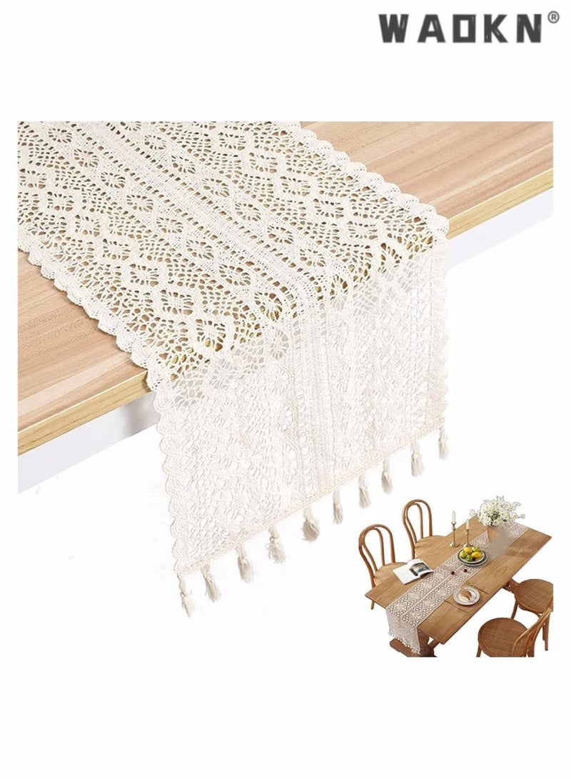 WAOKN Vintage Table Flag Palace Lace Hook Flower,Hollow Terylene Cotton Tassel Placemat Table Cloth,Table Runners Cotton Crochet Table Cover Lace Boho Wedding Table Runner,Home Dining Table Decor  - Image 1