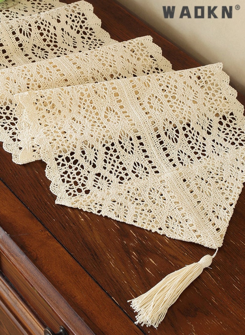 WAOKN Vintage Table Flag Palace Lace Hook Flower,Hollow Terylene Cotton Tassel Placemat Table Cloth,Table Runners Cotton Crochet Table Cover Lace Boho Wedding Table Runner,Home Dining Table Decor  - Image 4