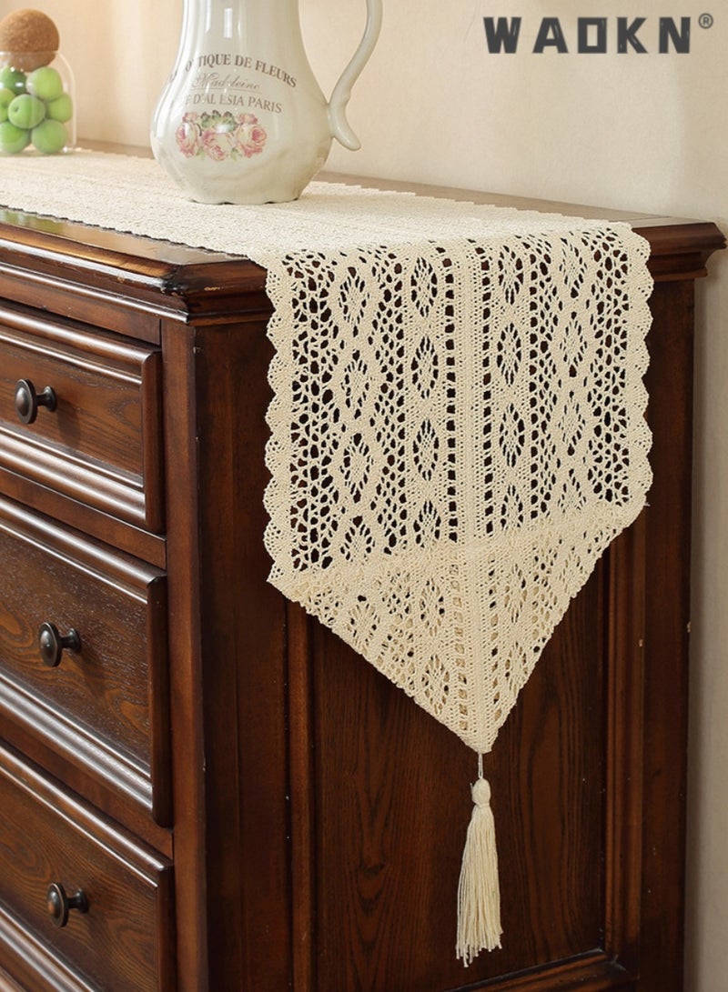WAOKN Vintage Table Flag Palace Lace Hook Flower,Hollow Terylene Cotton Tassel Placemat Table Cloth,Table Runners Cotton Crochet Table Cover Lace Boho Wedding Table Runner,Home Dining Table Decor  - Image 2