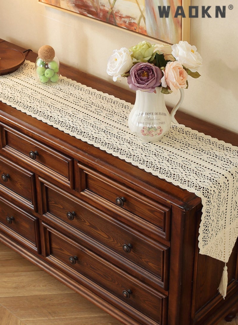 WAOKN Vintage Table Flag Palace Lace Hook Flower,Hollow Terylene Cotton Tassel Placemat Table Cloth,Table Runners Cotton Crochet Table Cover Lace Boho Wedding Table Runner,Home Dining Table Decor  - Image 3