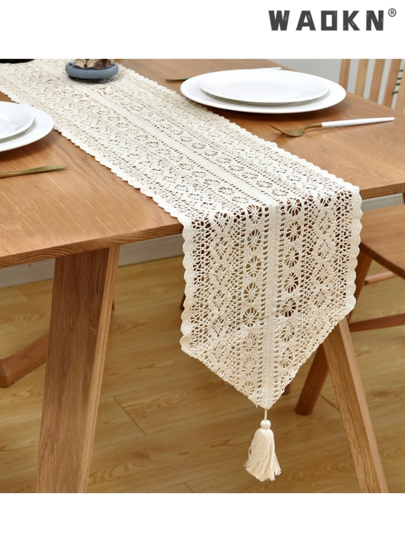 WAOKN Vintage Table Flag Palace Lace Hook Flower,Hollow Terylene Cotton Tassel Placemat Table Cloth,Table Runners Cotton Crochet Table Cover Lace Boho Wedding Table Runner,Home Dining Table Decor  - Image 5