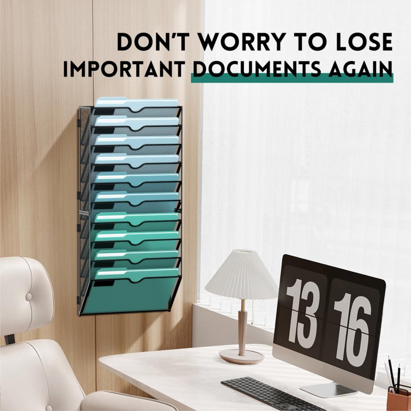 SUPEASY 10-Tier Wall File Organizer, Hanging Wall Files for Papers, Folders, Magazines, Wall Organizer for Clipboard, Assembly Needed, Black - Image 4