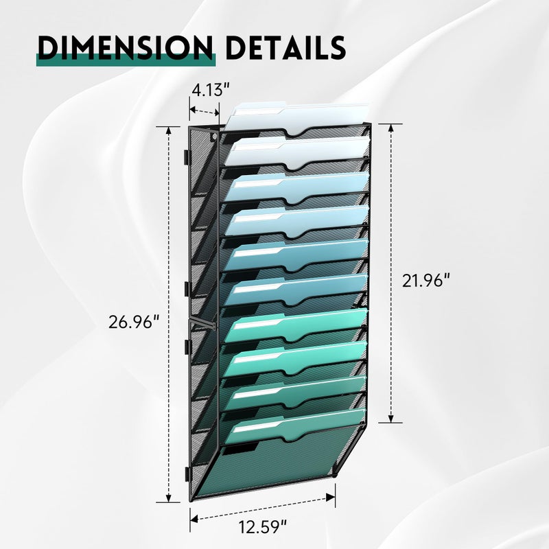 SUPEASY 10-Tier Wall File Organizer, Hanging Wall Files for Papers, Folders, Magazines, Wall Organizer for Clipboard, Assembly Needed, Black - Image 2