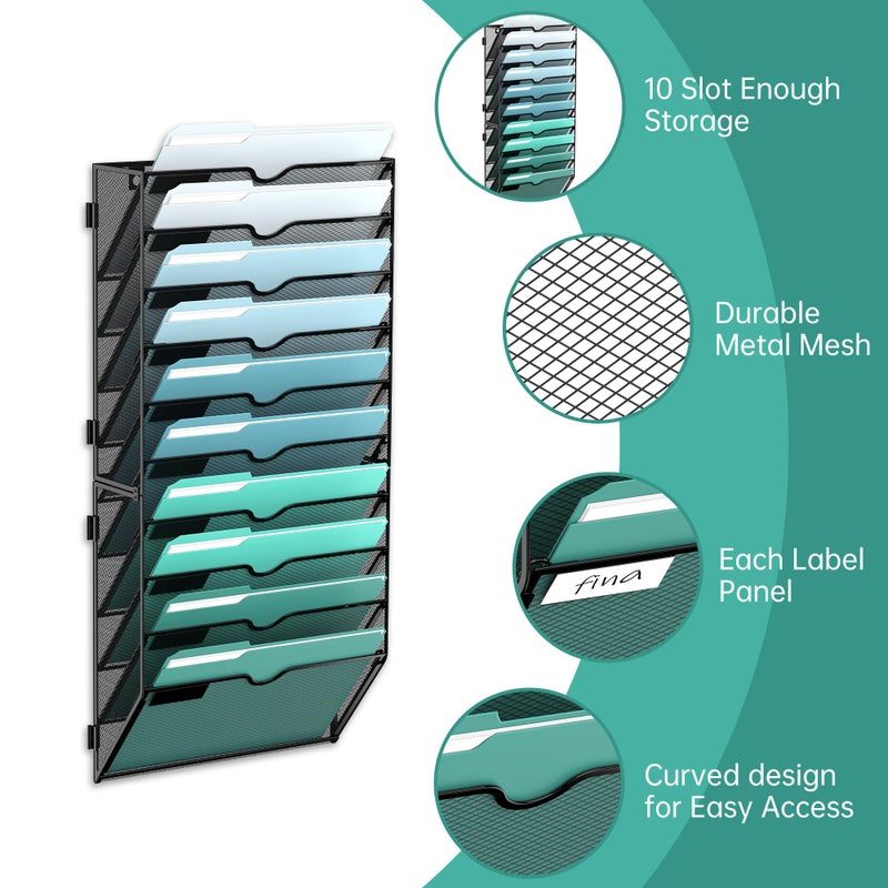 SUPEASY 10-Tier Wall File Organizer, Hanging Wall Files for Papers, Folders, Magazines, Wall Organizer for Clipboard, Assembly Needed, Black - Image 3