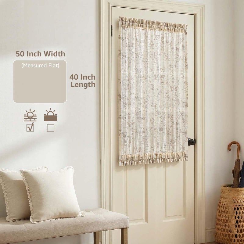 jinchan Floral French Door Curtain Panel Farmhouse Decor Light Filtering Linen with Tie Up Bow for Glass Door or Patio 40 Inch Length Rod Pocket 1 Panel Taupe on Linen - Image 2