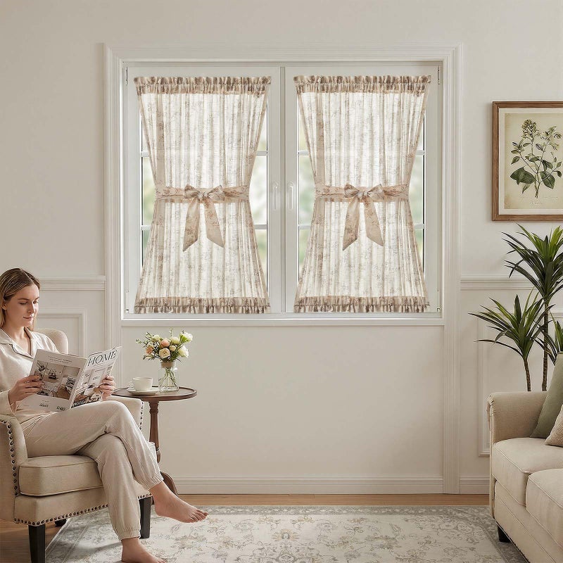jinchan Floral French Door Curtain Panel Farmhouse Decor Light Filtering Linen with Tie Up Bow for Glass Door or Patio 40 Inch Length Rod Pocket 1 Panel Taupe on Linen - Image 3