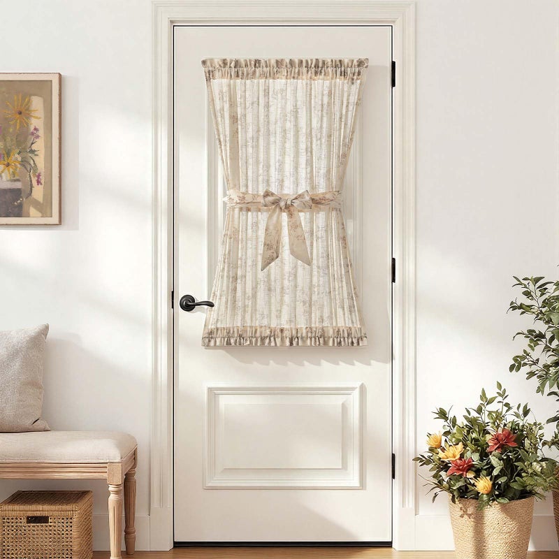 jinchan Floral French Door Curtain Panel Farmhouse Decor Light Filtering Linen with Tie Up Bow for Glass Door or Patio 40 Inch Length Rod Pocket 1 Panel Taupe on Linen - Image 1