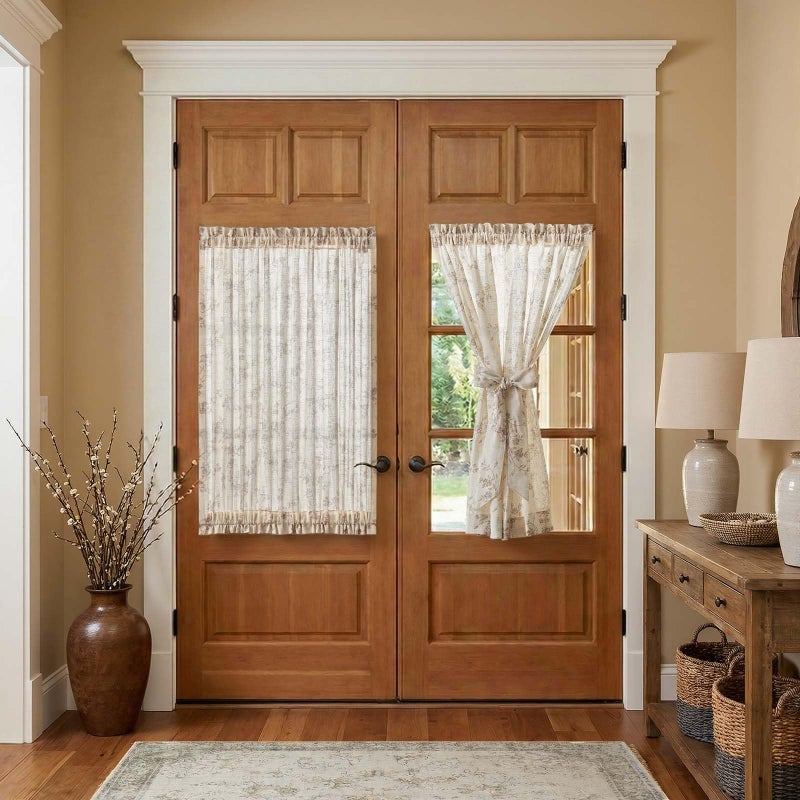 jinchan Floral French Door Curtain Panel Farmhouse Decor Light Filtering Linen with Tie Up Bow for Glass Door or Patio 40 Inch Length Rod Pocket 1 Panel Taupe on Linen - Image 4