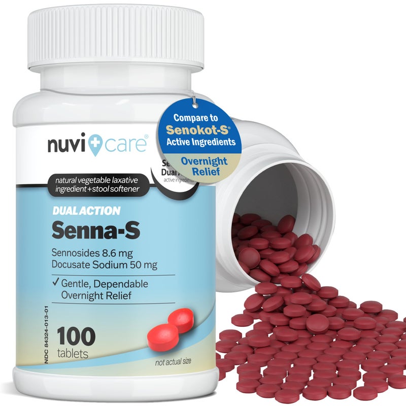NUVICARE سينّا بلس ملين مهدئ للبراز دكوسات الصوديوم 50 ملغ ملين للبراز مع ملين منبه سينوسيدات 86 ملغ مقارنة مع سينوكوتس لتخفيف الإمساك العرضي 100 قرص