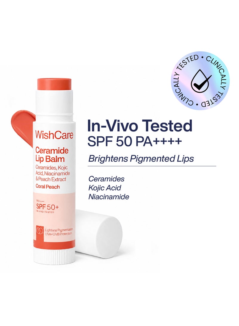 WishCare Ceramide Tinted Lip Balm with SPF 50 PA+++, Ceramides and Nourishing Plant Butters, Hydrating Lip Care for Dry Lips and Sun-Induced Pigmentation, Coral Peach Tint, 5 g - Image 1