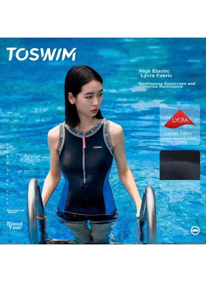 Toswim Women's One-piece Swimsuit, Boyshort Training Swimwear, Hot Spring Conservative Slimming Women's Swimwear, Gray-blue Letter XL - Image 2