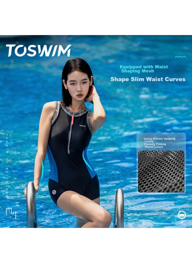 Toswim Women's One-piece Swimsuit, Boyshort Training Swimwear, Hot Spring Conservative Slimming Women's Swimwear, Gray-blue Letter XL - Image 4
