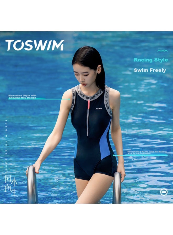 Toswim Women's One-piece Swimsuit, Boyshort Training Swimwear, Hot Spring Conservative Slimming Women's Swimwear, Gray-blue Letter XL - Image 1