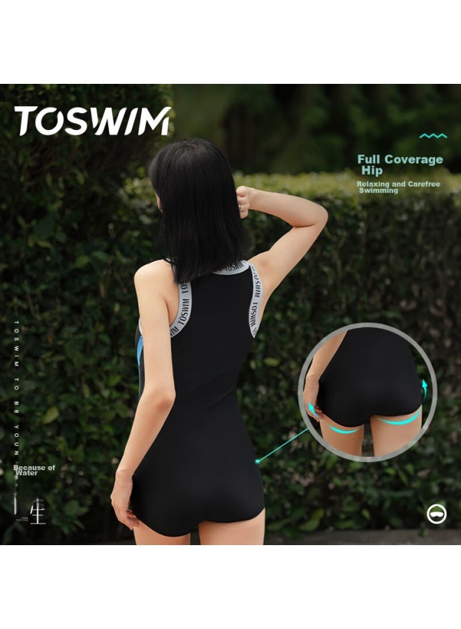Toswim Women's One-piece Swimsuit, Boyshort Training Swimwear, Hot Spring Conservative Slimming Women's Swimwear, Gray-blue Letter XL - Image 5