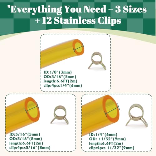 SSFOLPFEE Premium TPU Fuel Line Kit 3 Sizes (3mm ID/5mm OD, 5mm ID/8mm OD, 6mm ID/9mm OD), 6.6ft Each, with 12 Steel Clamps, Universal Gas Diesel Fuel Hose for Lawn Mower Chainsaw Small Engines - Image 2
