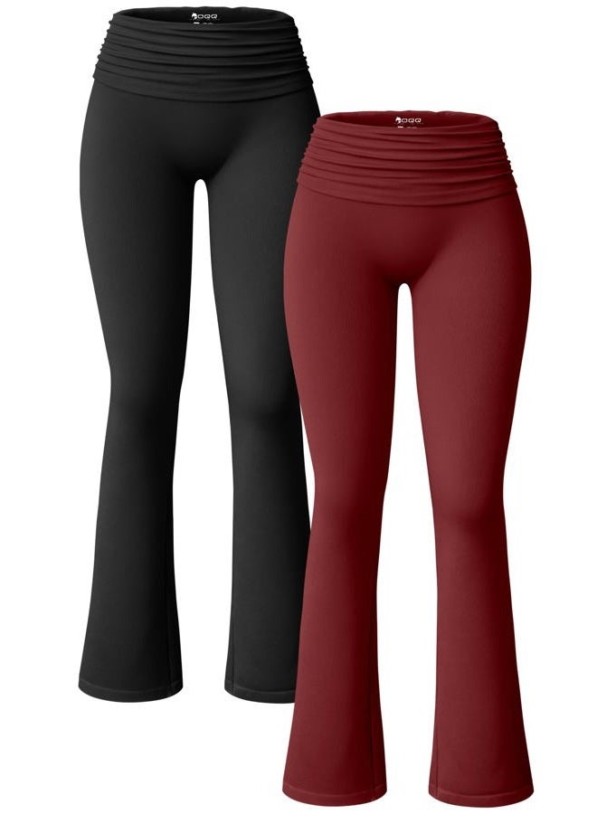 OQQ Women's 2 Piece Flared Pants Ribbed Fold Over Kick Ruched Stretch High Waist Casual Wide Leg, Black,winered, M - Image 1