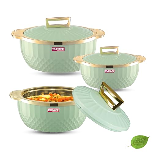 Trueware Krystal Inner Steel Casserole Set of 3, 750 ml,1000 ml & 1500 ml | PU Insulated | BPA Free | Odour Proof |Ideal for Chapatti | Roti | Curd Maker | Thermoware | Hot Pot (Extra large, Green) - Image 1